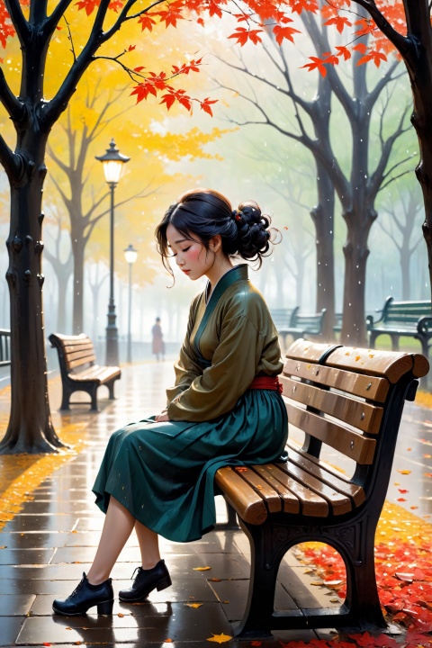 On a park bench, a young woman curls up, hugging her knees, with tears streaking her cheeks. The surrounding trees sway in the wind, and the fallen leaves appear particularly vibrant after the rain. Her silhouette on the bench is exceptionally lonely, as if the world is keeping its distance from her., traditional chinese ink painting
