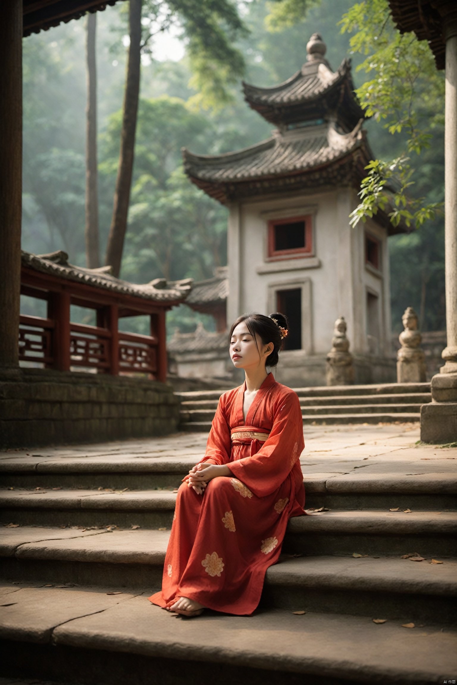 A Chinese girl sits on the steps of an ancient temple, her hands folded in her lap. The temple is surrounded by a lush, green forest, and the air is filled with the scent of incense and the sound of distant chanting. She is lost in thought, her face a picture of serenity, as if finding solace in the sacred space. The scene is a moment of spiritual tranquility, a retreat into the peace of the temple.