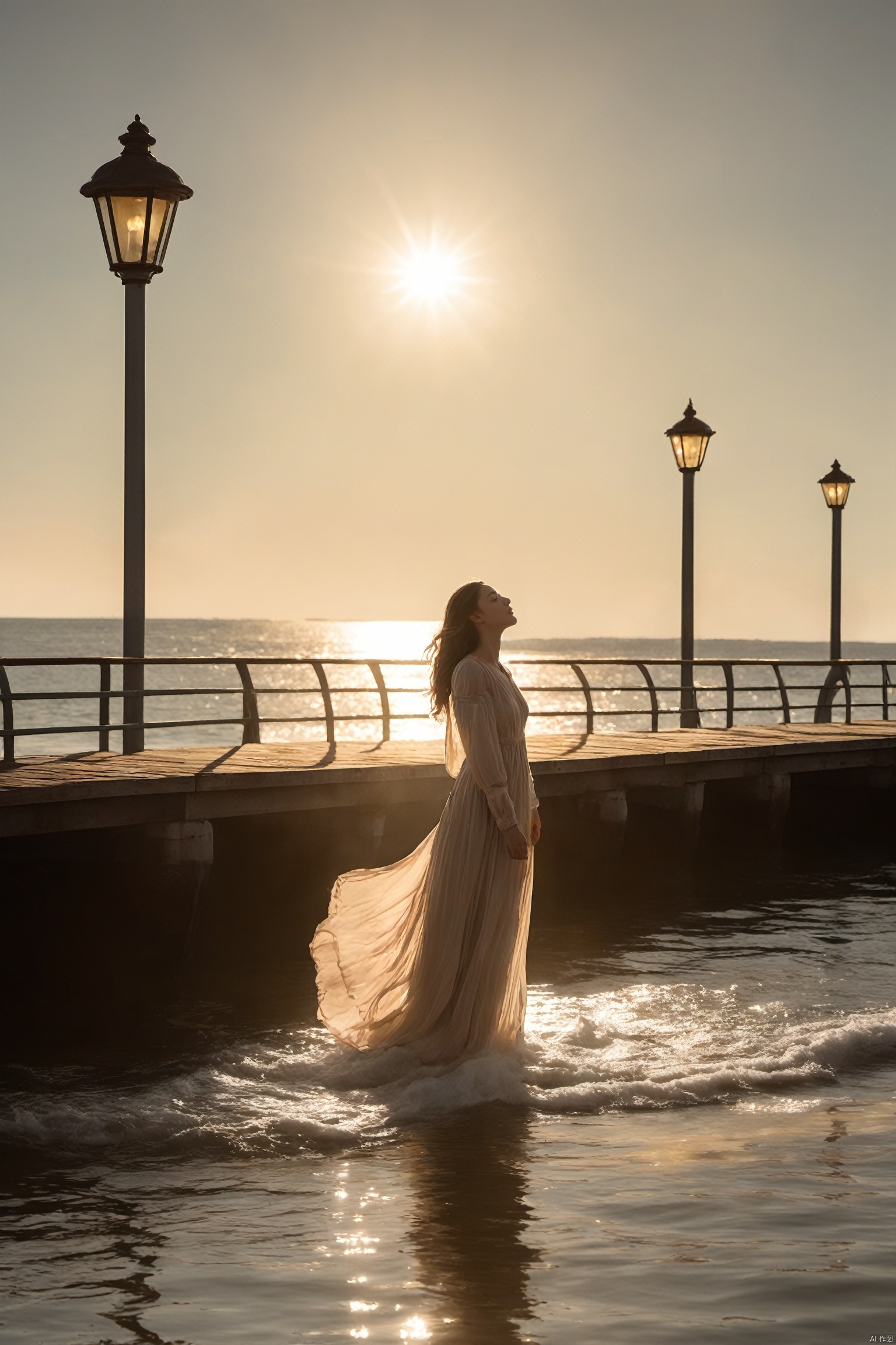 A woman in a flowing dress stands on a pier, her eyes closed as she feels the warm breeze off the water. The sun's rays create a halo around her, and the light dances on the waves, creating a mesmerizing scene of tranquility.