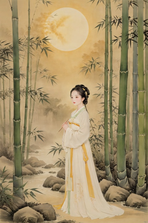 A young woman in traditional Hanfu stands quietly amidst the bamboo forest, her figure appearing particularly elegant in the tranquility of the bamboo grove. The bamboo stalks are tall and straight, their leaves rustling gently in the breeze, as if whispering secrets. Sunlight filters through the gaps in the leaves, casting dappled shadows on the woman. Deep within the bamboo grove, a golden lightning bolt streaks across, adding a touch of mystery and vitality to this serene landscape., traditional chinese ink painting, hanfu