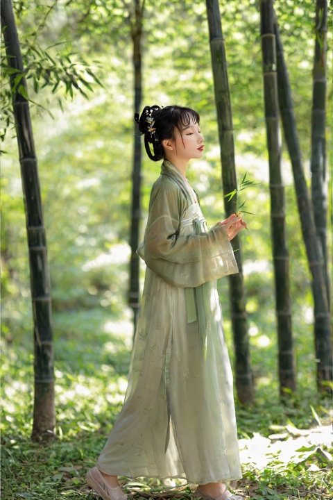 hanfu,A young Chinese woman walks through a bamboo forest, the sunlight filtering through the slender stalks, casting dappled shadows on the ground. The forest is alive with the sound of rustling leaves and the occasional chirp of a bird. She moves with a sense of calm, her presence blending harmoniously with the natural surroundings. The scene is a peaceful exploration, a moment of connection with the natural world., hanfu