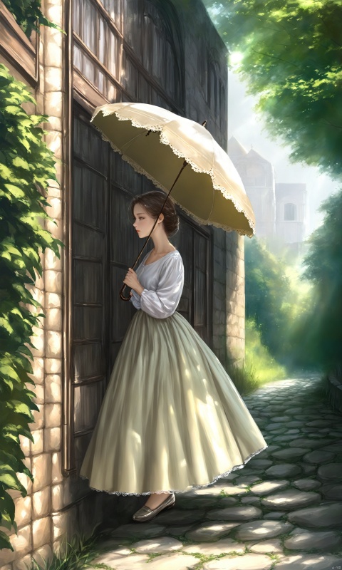  (masterpiece),(bestquality),[realistic,octanerender,3DCG],In a cobblestone alley, a woman dressed in a vintage-style long dress holds an antique parasol. Her steps are light, as if she has traveled through time to an era full of poetry. Sunlight filters through the gaps in the leaves, casting dappled shadows on her face, adding a touch of classical beauty to her profile.
