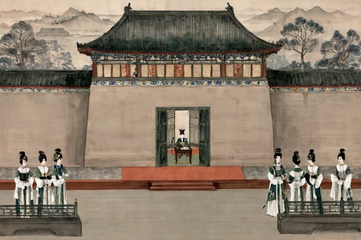 traditional chinese inkpainting,blackandwhiteinkpainting,the imperial palace, a hall of power, exudes its grandeur not only through its monumental architecture but also in the demeanor and atmosphere of the people within. The palace maids, dressed in splendid attire, glide gracefully along the corridors paved with green stone, their movements elegant and cautious, as if each step resonates with the heartbeat of history. The court officials, clad in their ceremonial robes, faces solemn, move through the towering palace walls and the resplendent halls, each bow a solemn act of reverence. The emperor, the sovereign of the nation, sits on his throne, his majesty as imposing as the palace itself, commanding respect and awe. Here, every breath is filled with ceremony, every glance exchanged brimming with veneration.