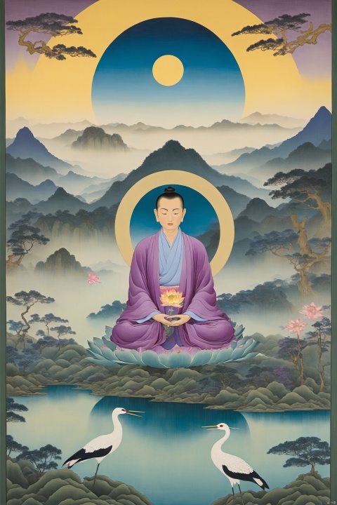 A cultivator in Daoist robes meditates in a valley, with three halos above, interwoven with golden, blue, and purple lights, radiating energy that symbolizes the union of essence, energy, and spirit. The backdrop is a misty landscape painting, with the halos' edges shimmering with a mystical glow, and lotus flowers and cranes adding to the transcendent atmosphere of cultivation.