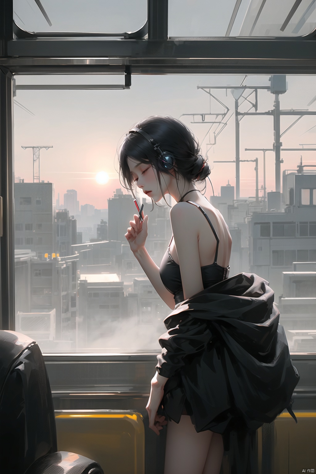  A Chinese girl leans against the door of a train, her eyes closed as she listens to music through her headphones. The train is passing through a city at night, and the city lights flicker in the window behind her. Her face is serene, a contrast to the bustling world outside. The scene captures a moment of personal tranquility amidst the urban chaos.