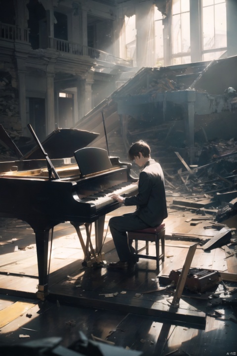 A musician plays the piano in a theater devastated by war, his music echoing through the empty hall, bringing the melody of life to this silent land. Sunlight streams through the shattered roof, falling on his keys, his music becoming a symbol of resilience amidst the ruins.