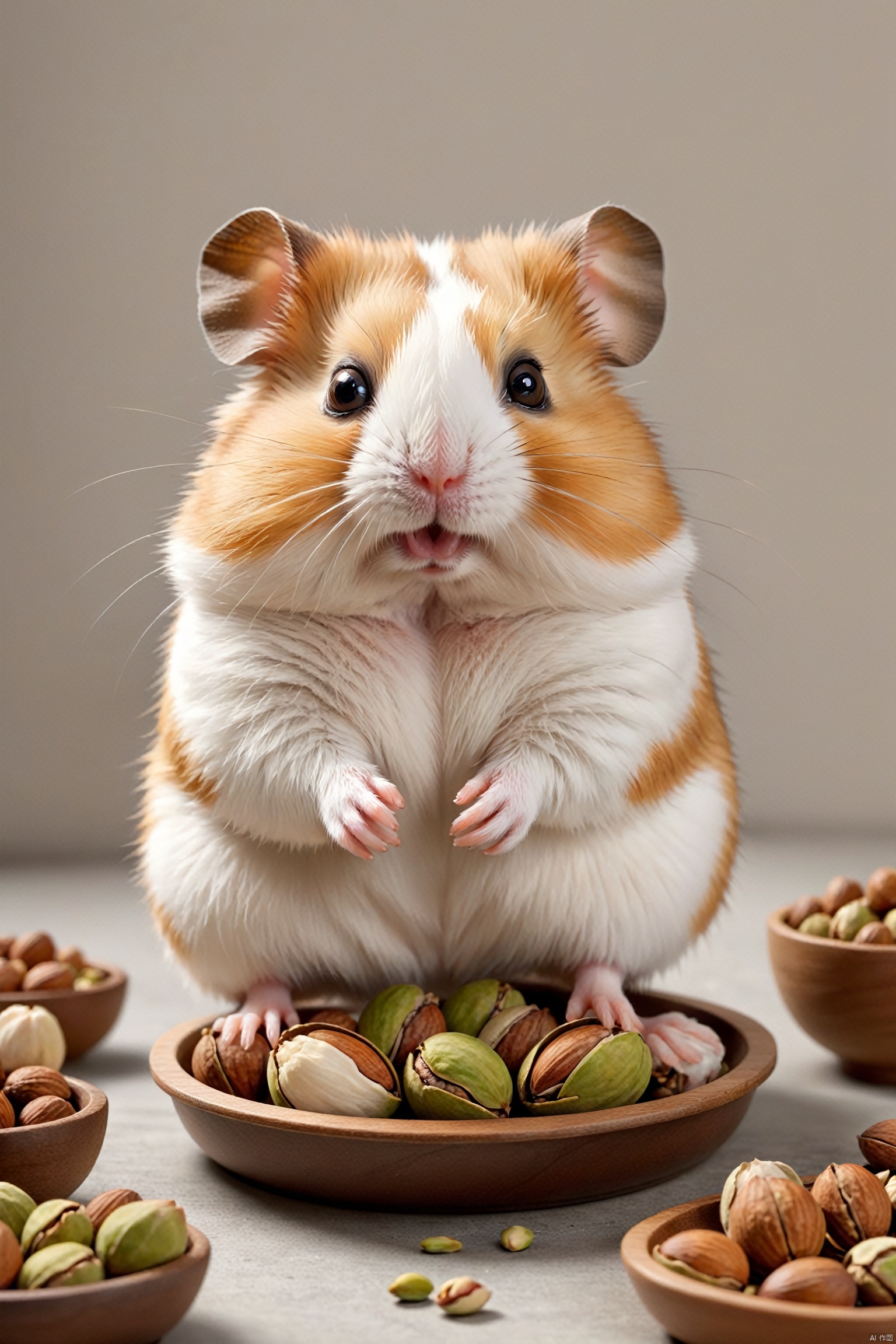 Cute animal, a hamster with white and brown patterns, facing the camera, holding a tray filled with various nuts and pistachios, cute style, realistic,