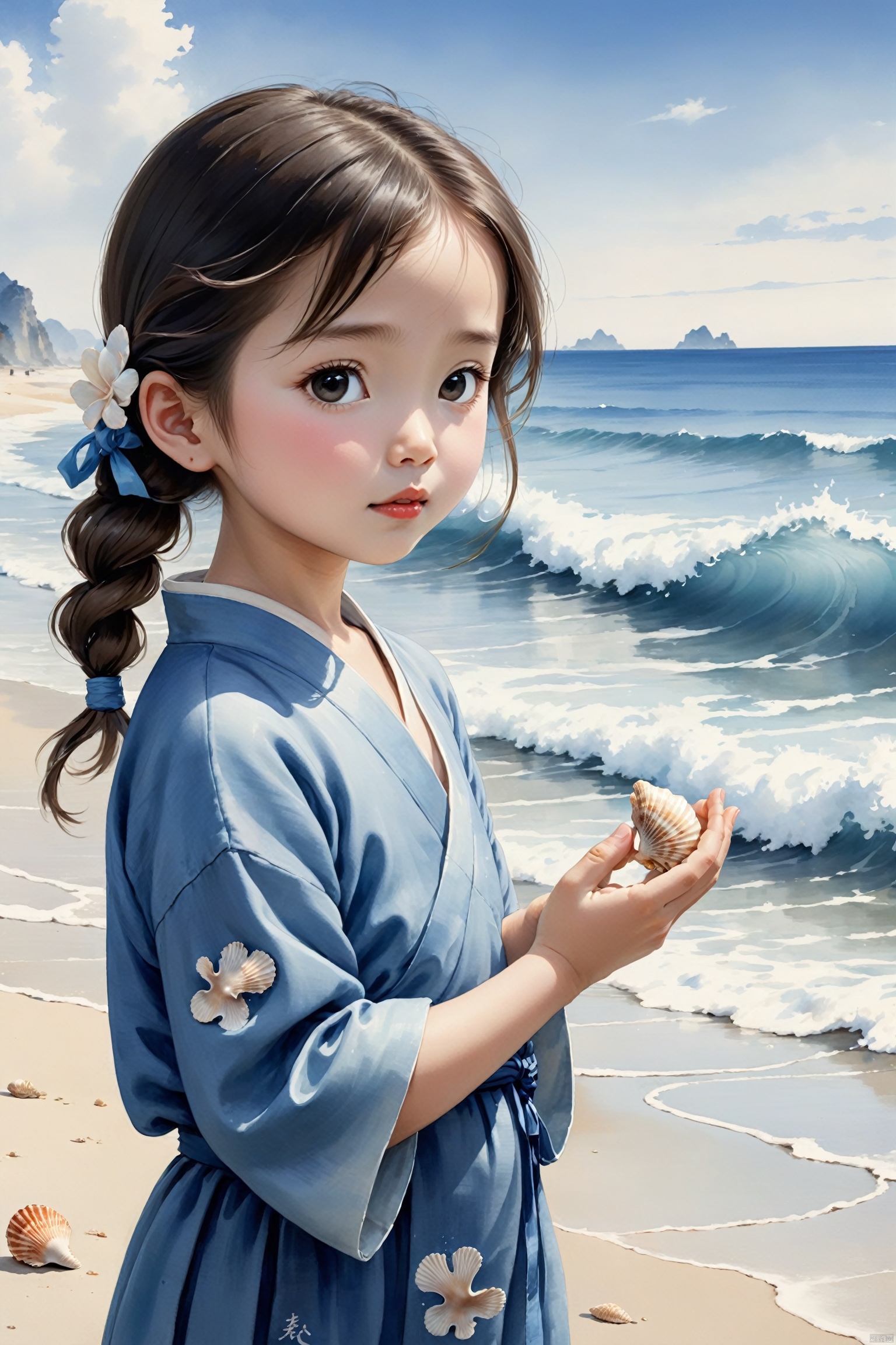  traditional chinese ink painting,A little lovely girl on the beach by the sea, holds a seashell in her hand, intently listening to the sound of the waves. Behind her is a vast expanse of blue ocean, with waves gently lapping the shore, creating a harmonious scene with the girl's tranquility.