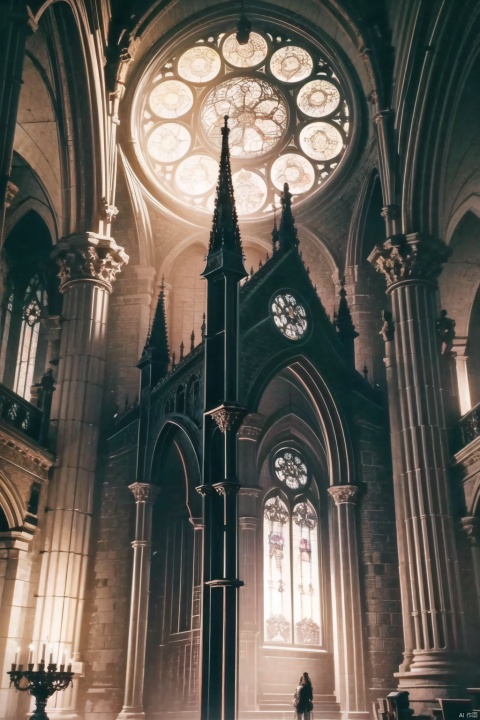 A Gothic cathedral's spire stands tall in the night, with the stained glass windows casting a kaleidoscope of colors inside the church, illuminating the stone carvings and the altar. The bell tower's chimes resound across the open square, accompanied by the night wind, as if narrating medieval tales.