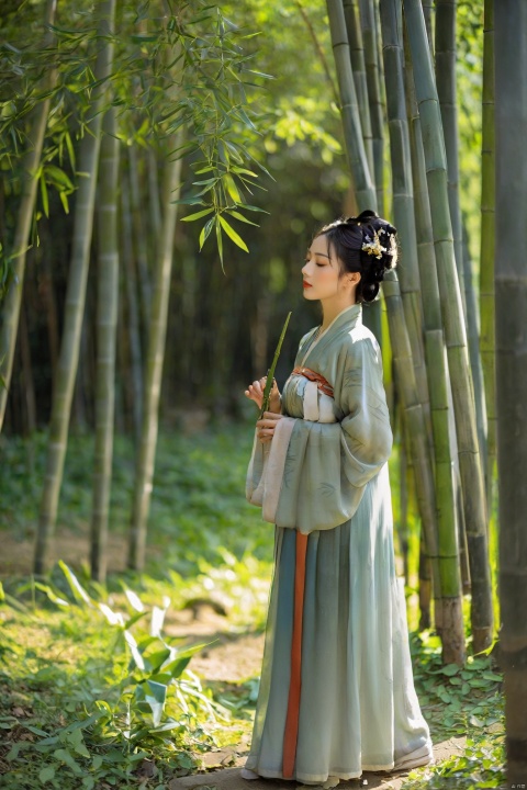 A young woman in traditional Hanfu stands quietly amidst the bamboo forest, her figure appearing particularly elegant in the tranquility of the bamboo grove. The bamboo stalks are tall and straight, their leaves rustling gently in the breeze, as if whispering secrets. Sunlight filters through the gaps in the leaves, casting dappled shadows on the woman. Deep within the bamboo grove, a golden lightning bolt streaks across, adding a touch of mystery and vitality to this serene landscape., traditional chinese ink painting, hanfu, figure