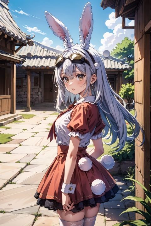  tutututu,In an ancient courtyard, the girl dons a rabbit ear hat and goggles, appearing as the guardian of this historical space. The red 三角梅on her white dress complement the old stone walls, as she patrols the courtyard, safeguarding the tranquility of this piece of history.,rabbit ears