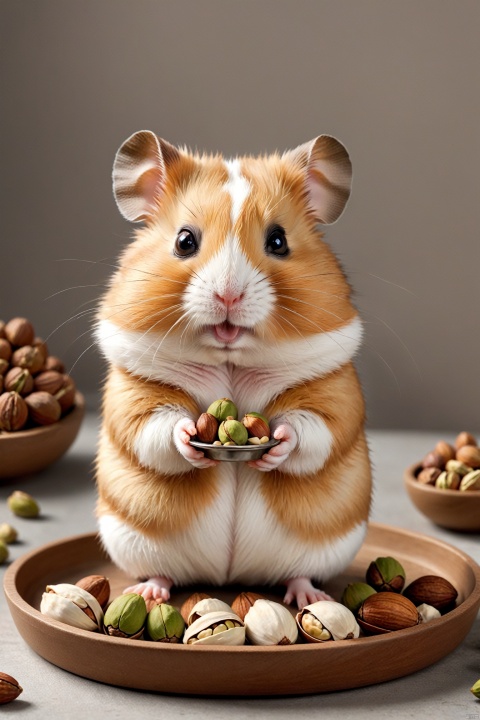 Cute animal, a hamster with white and brown patterns, facing the camera, holding a tray filled with various nuts and pistachios, cute style, realistic,