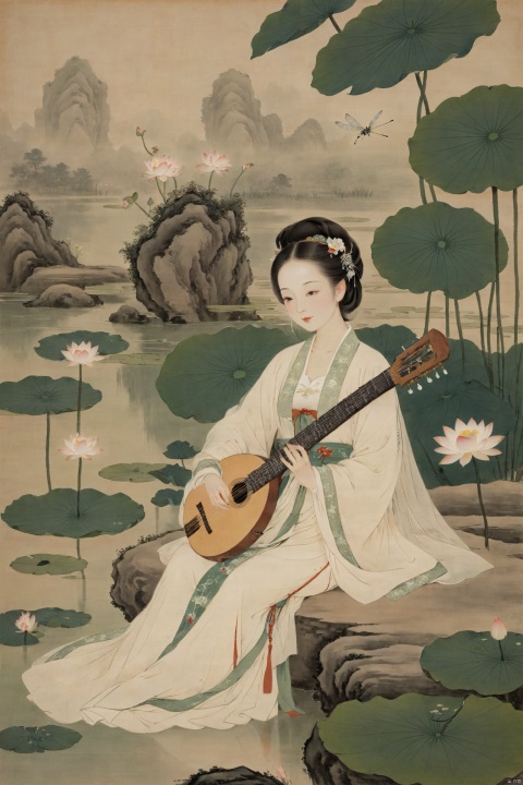 The woman, dressed in traditional Hanfu, sits on a green stone by the pond, gently strumming her biwa lute. The blooming lotus flowers and darting dragonflies complement the melodious notes of the pipa, creating a harmonious scene of movement and stillness., traditional chinese ink painting