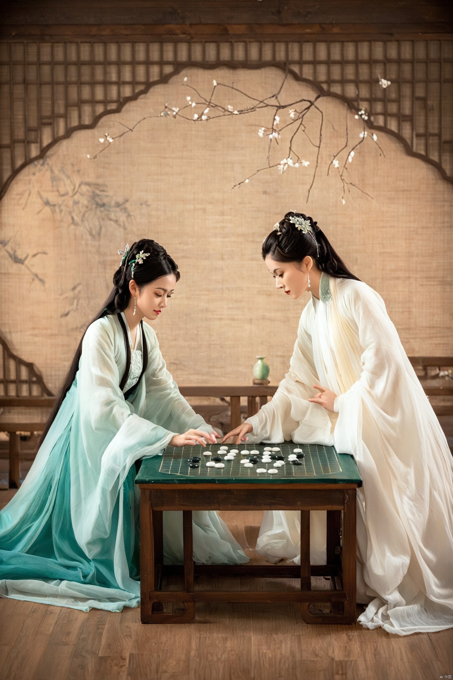 In a room adorned with traditional Chinese art, two women sit at a weiqi table, their focus solely on the game. The woman in white is a vision of concentration, her fingers moving with the grace of a dancer as she places a stone on the board. Her hanfu dress, with a high collar and a neckline that hints at her cleavage, is a canvas for the delicate embroidery that adorns it. The fabric of her dress flows like a stream around her, a visual representation of the fluid game of weiqi.
Her opponent, in a green that complements the room's decor, is equally engrossed in the game. Her hanfu, with its high collar and fitted silhouette, accentuates her form, while the dress's neckline reveals a tantalizing view of her décolletage. As they play, their eyes meet over the board, and there's a spark of friendly competition, their shared love for the game evident in their expressions.