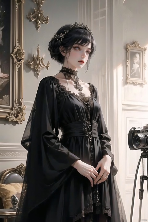A female model stands in a vintage-themed room, wearing a lace-trimmed black dress that contrasts sharply with the antique furniture. A hint of mystery shines in her eyes, and the vintage camera in her hand serves as a medium for her conversation with the past. The photographer skillfully uses light and shadow to create an atmosphere of time interplay.