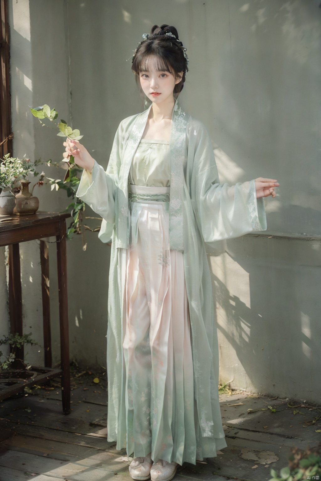  A young woman around twenty years old, dressed in Song-style Hanfu, wears a fresh green short shan that exudes a sense of purity. The red songmo complements her green and white gradient pleated skirt, blending the classical with the contemporary. Standing in an antique courtyard, sunlight filters through the leaves, casting dappled shadows on her, adding a serene and elegant aura. She holds a folding fan in her hand, the landscape painting on its surface harmonizing with her surroundings, as if she is a living classical painting., hanfu,song style outfits, 1girl,汉服