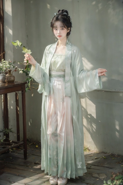  A young woman around twenty years old, dressed in Song-style Hanfu, wears a fresh green short shan that exudes a sense of purity. The red songmo complements her green and white gradient pleated skirt, blending the classical with the contemporary. Standing in an antique courtyard, sunlight filters through the leaves, casting dappled shadows on her, adding a serene and elegant aura. She holds a folding fan in her hand, the landscape painting on its surface harmonizing with her surroundings, as if she is a living classical painting., hanfu,song style outfits, 1girl,汉服