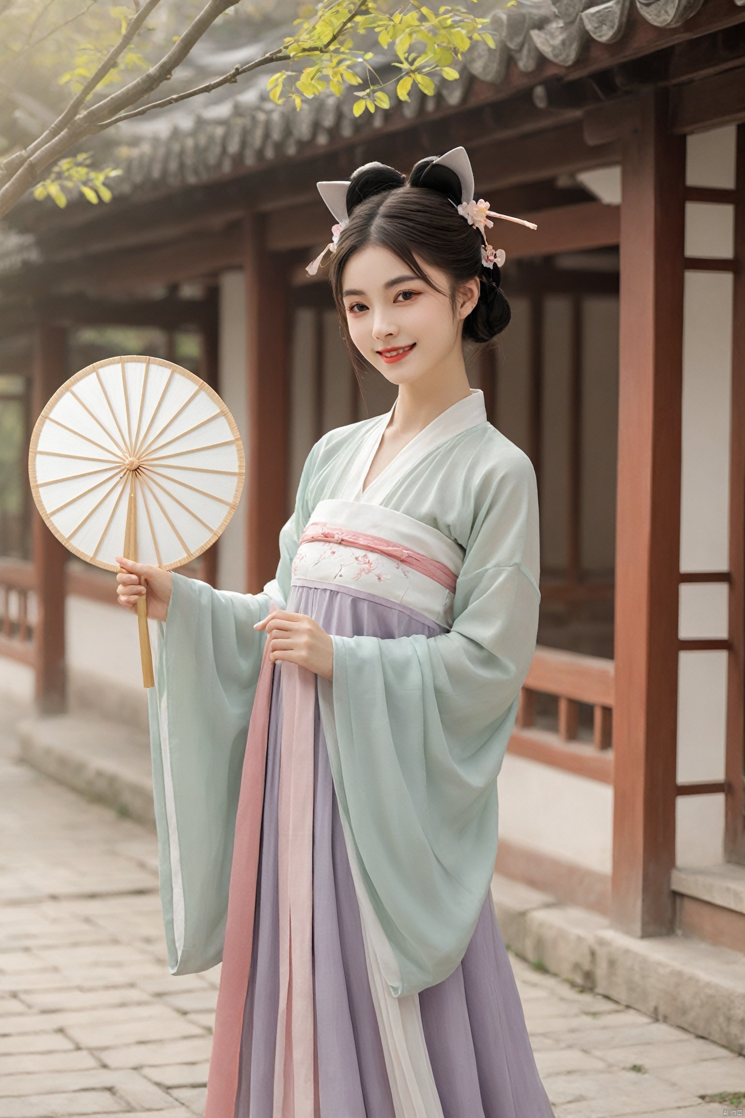 A catgirl in Hanfu stands in an antique courtyard, her cat ears and tail complementing the elegance of the traditional attire. She holds a folding fan in her hand, a sweet smile on her face, as if awaiting a spring rendezvous. The skirt of the Hanfu sways gently with the breeze, harmoniously blending with her catgirl traits., hanfu