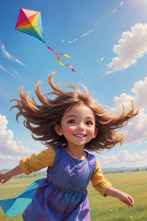 On a tranquil field, a little girl flies a colorful kite. Her hair flutters gently in the breeze, and her face is filled with a smile of freedom. The kite soars in the blue sky, forming a harmonious scene with the surrounding natural landscape.