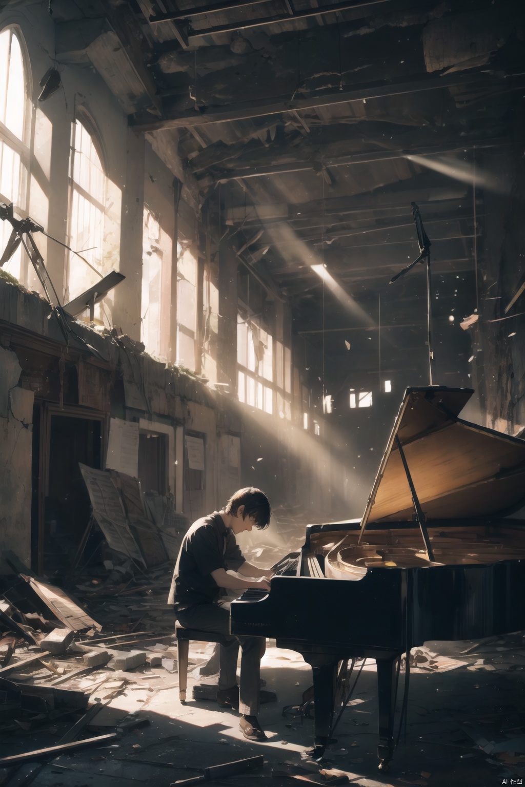 A musician plays the piano in a theater devastated by war, his music echoing through the empty hall, bringing the melody of life to this silent land. Sunlight streams through the shattered roof, falling on his keys, his music becoming a symbol of resilience amidst the ruins.