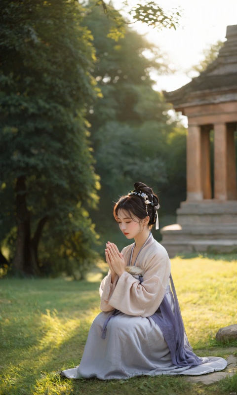  (masterpiece),(bestquality),[realistic,octanerender,3DCG],In front of an ancient temple, a woman prays quietly, her hands clasped in prayer, her face solemn. Her figure, bathed in the glow of the setting sun, appears particularly dignified. The surrounding ancient trees and the temple's eaves add a touch of mystery and solemnity to her prayer., hanfu