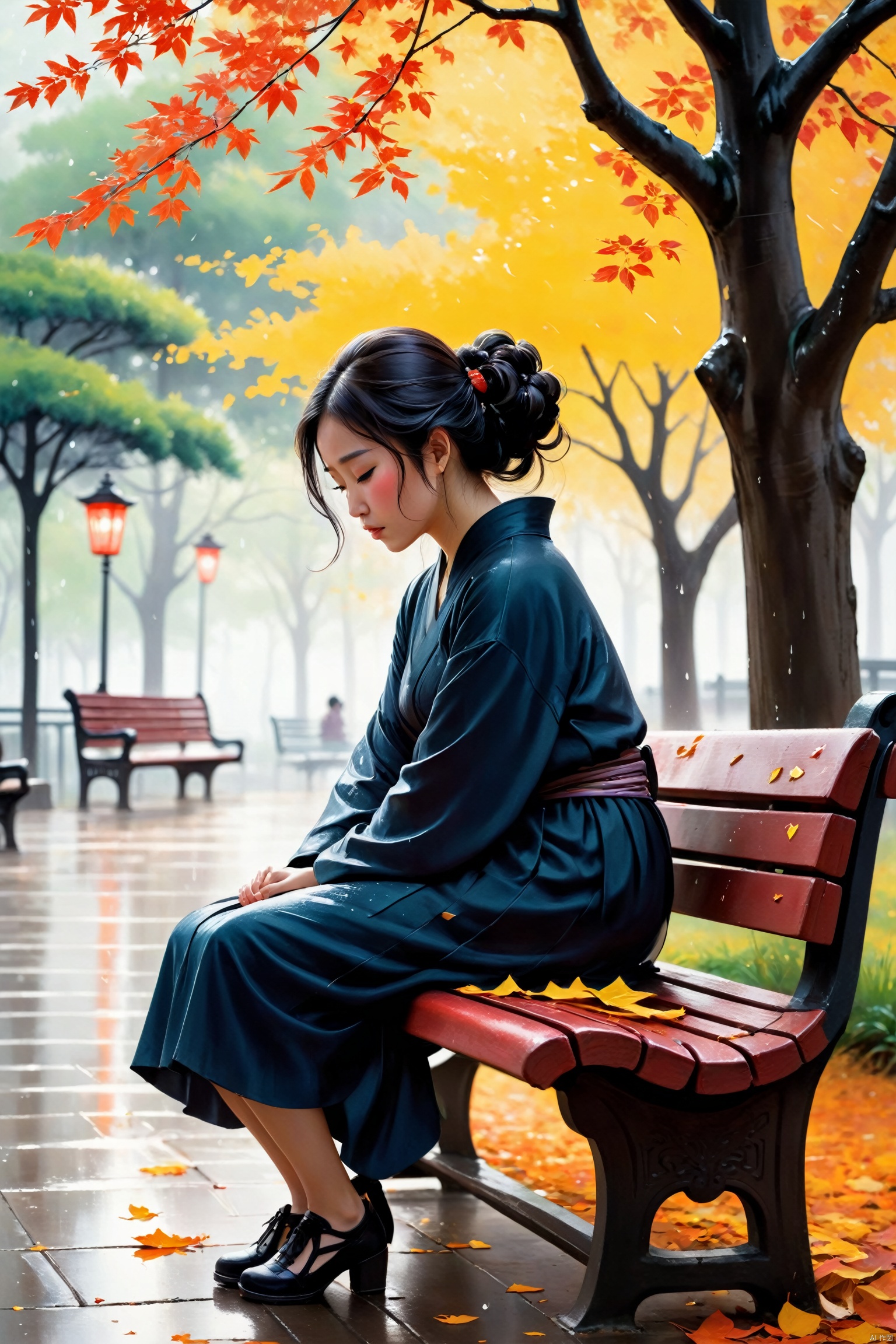 On a park bench, a young woman curls up, hugging her knees, with tears streaking her cheeks. The surrounding trees sway in the wind, and the fallen leaves appear particularly vibrant after the rain. Her silhouette on the bench is exceptionally lonely, as if the world is keeping its distance from her., traditional chinese ink painting