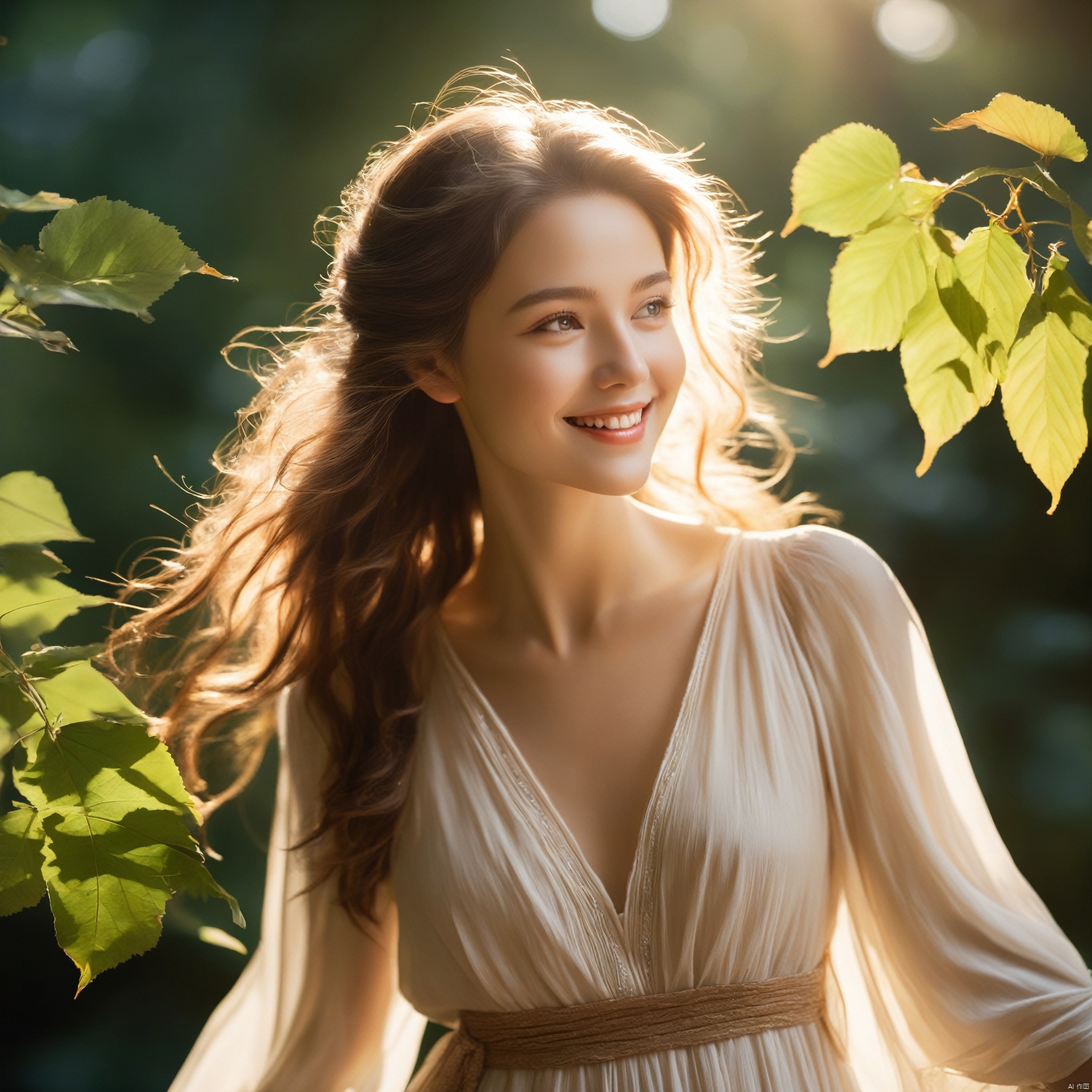 A young woman with a gentle and sweet smile, her eyes twinkling with wisdom. Her hair flows smoothly over her shoulders, gently swaying with the breeze. She wears a light, flowing dress, the hem swaying softly with her steps. Sunlight filters through the gaps in the leaves, casting a soft glow on her skin.