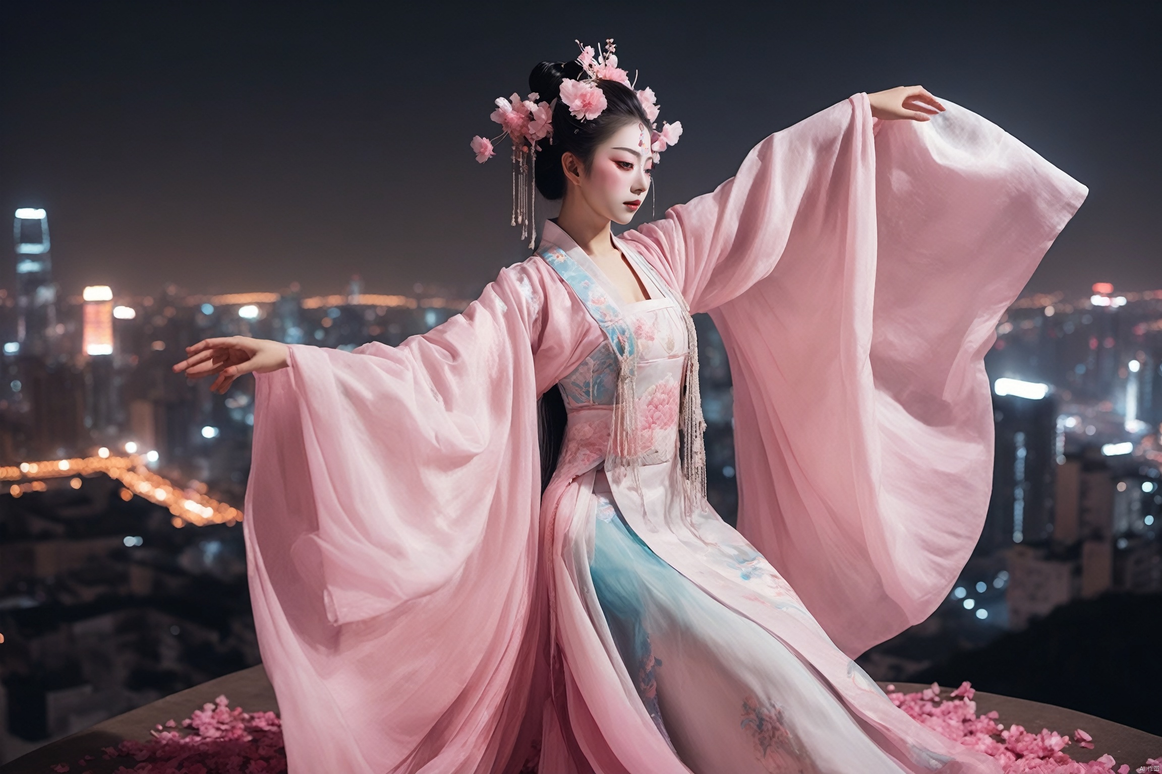 Surrealism, cyberpunk style, a young girl (dressed in traditional Chinese opera costumes and makeup: 1.3), spinning gracefully on the rooftop of a high-rise building (dancing with extremely long white sleeves: 1.4), pink petals fluttering down one after another, stage lighting (in front of the grand city under the night, high angle perspective: 1.4), the fusion of technology and traditional culture, stunning, cinematic,