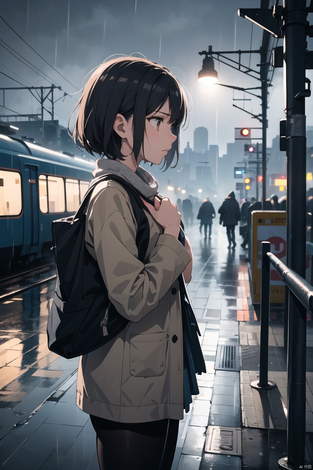  A young woman stands on a rain-soaked train platform, her tears mingling with the rain, blurring her features. Her gaze follows the departing train, her handkerchief clutched tightly as if suppressing deep sorrow. The platform lights appear particularly dim in the rain, and her silhouette is especially lonely under the glow.
