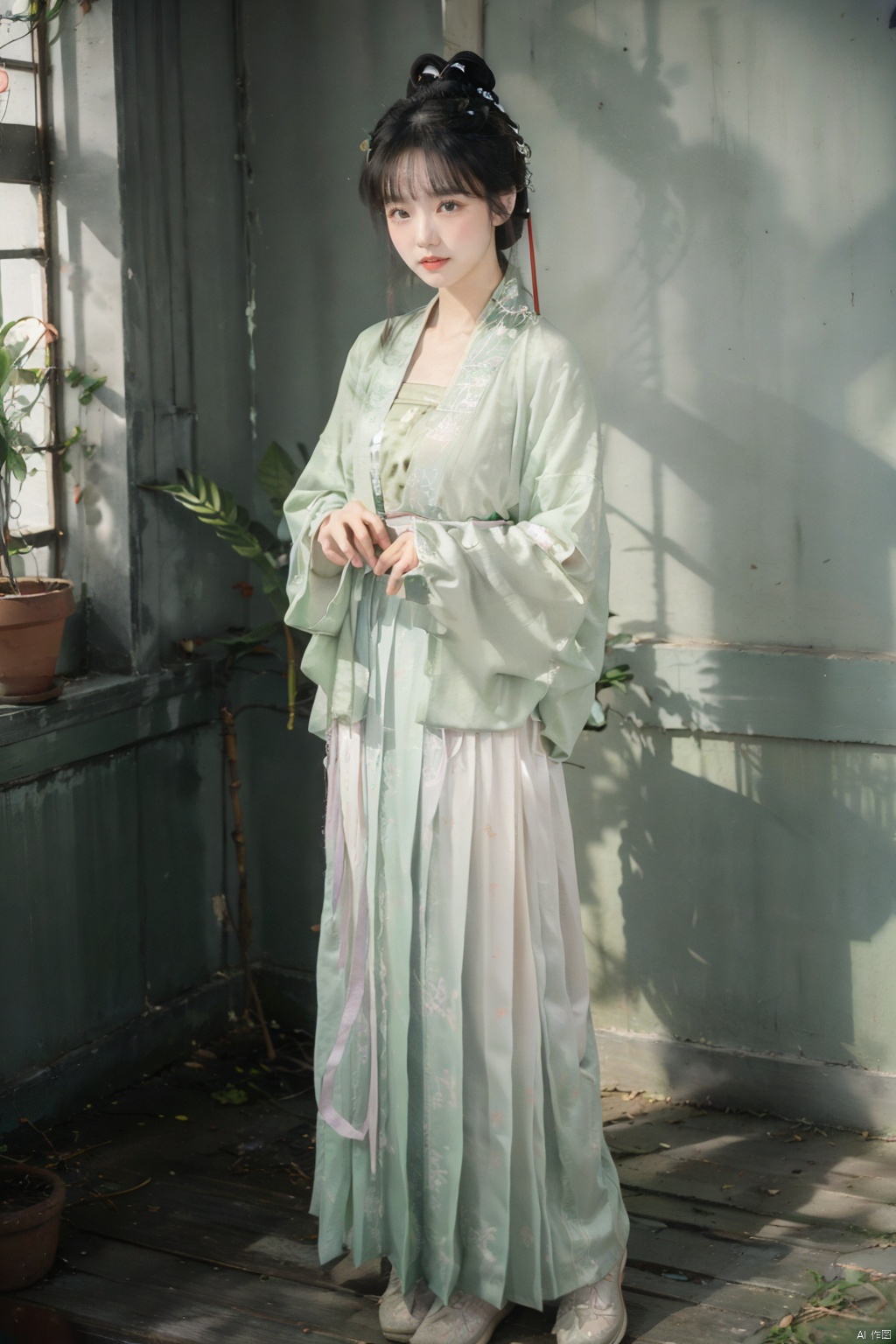  A young woman around twenty years old, dressed in Song-style Hanfu, wears a fresh green short shan that exudes a sense of purity. The red songmo complements her green and white gradient pleated skirt, blending the classical with the contemporary. Standing in an antique courtyard, sunlight filters through the leaves, casting dappled shadows on her, adding a serene and elegant aura. She holds a folding fan in her hand, the landscape painting on its surface harmonizing with her surroundings, as if she is a living classical painting., hanfu,song style outfits, 1girl,汉服