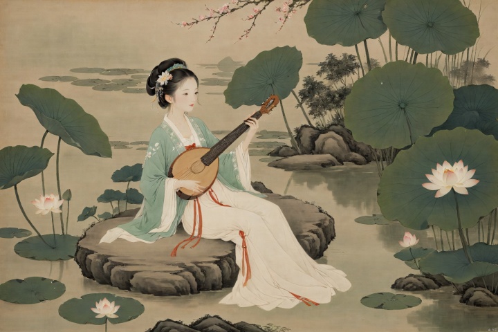 The woman, dressed in traditional Hanfu, sits on a green stone by the pond, gently strumming her biwa lute. The blooming lotus flowers and darting dragonflies complement the melodious notes of the pipa, creating a harmonious scene of movement and stillness., traditional chinese ink painting