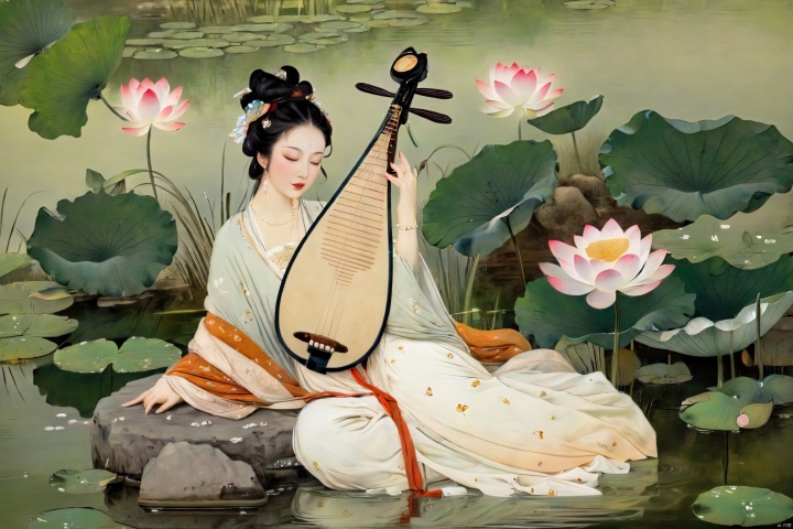 The woman, dressed in traditional Hanfu, sits on a green stone by the pond, gently strumming her biwa lute. The blooming lotus flowers and darting dragonflies complement the melodious notes of the pipa, creating a harmonious scene of movement and stillness.