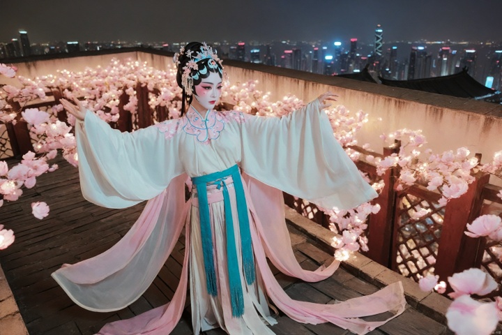Surrealism, cyberpunk style, a young girl (dressed in traditional Chinese opera costumes and makeup: 1.3), spinning gracefully on the rooftop of a high-rise building (dancing with extremely long white sleeves: 1.4), pink petals fluttering down one after another, stage lighting (in front of the grand city under the night, high angle perspective: 1.4), the fusion of technology and traditional culture, stunning, cinematic,