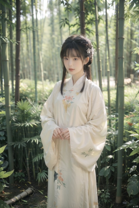 A young woman in traditional Hanfu stands quietly amidst the bamboo forest, her figure appearing particularly elegant in the tranquility of the bamboo grove. The bamboo stalks are tall and straight, their leaves rustling gently in the breeze, as if whispering secrets. Sunlight filters through the gaps in the leaves, casting dappled shadows on the woman. Deep within the bamboo grove, a golden lightning bolt streaks across, adding a touch of mystery and vitality to this serene landscape., hanfu, 1girl