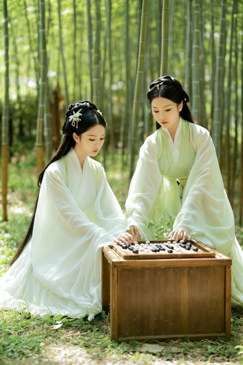 Amidst the tranquility of a bamboo grove, a weiqi game unfolds between two women. The one in white is a picture of concentration, her hanfu dress with a high collar and a neckline that hints at her cleavage. The dress's soft fabric falls in gentle folds, a visual echo of the peaceful surroundings. Her adversary, in a green that complements the verdant backdrop, is equally engrossed in the game. Her hanfu has a high collar that gives way to a square neckline, offering a glimpse of her décolletage.