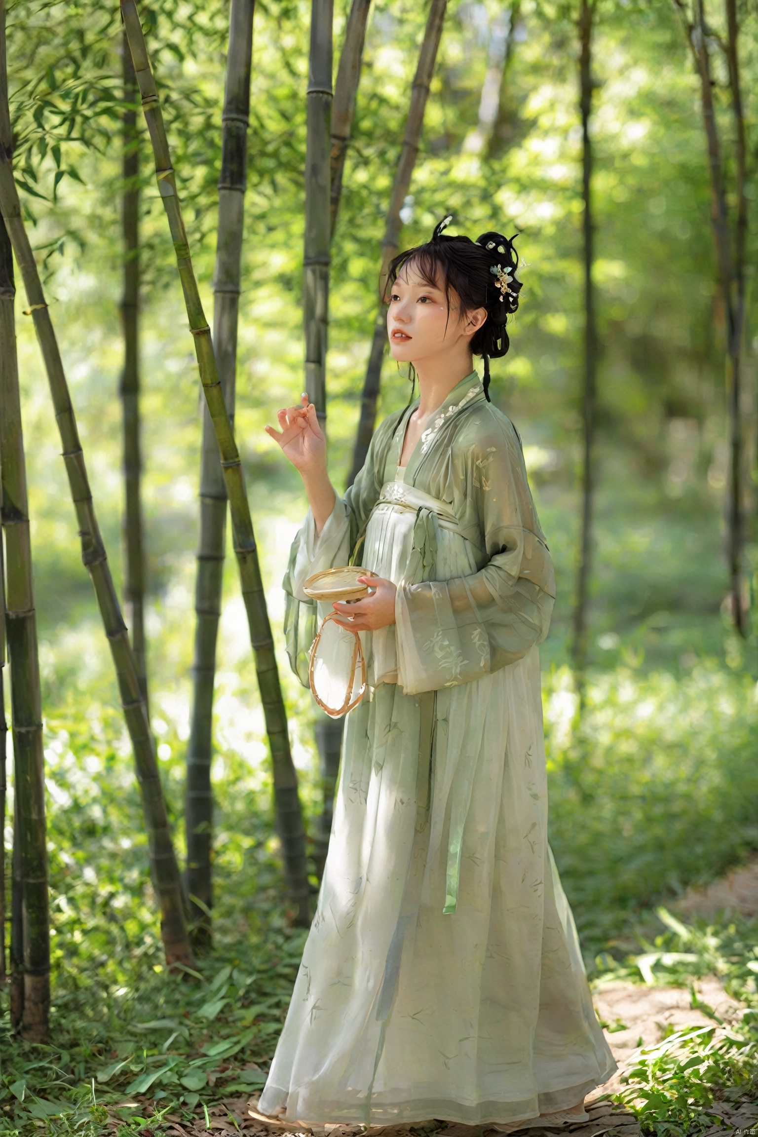 hanfu,A young Chinese woman walks through a bamboo forest, the sunlight filtering through the slender stalks, casting dappled shadows on the ground. The forest is alive with the sound of rustling leaves and the occasional chirp of a bird. She moves with a sense of calm, her presence blending harmoniously with the natural surroundings. The scene is a peaceful exploration, a moment of connection with the natural world., hanfu