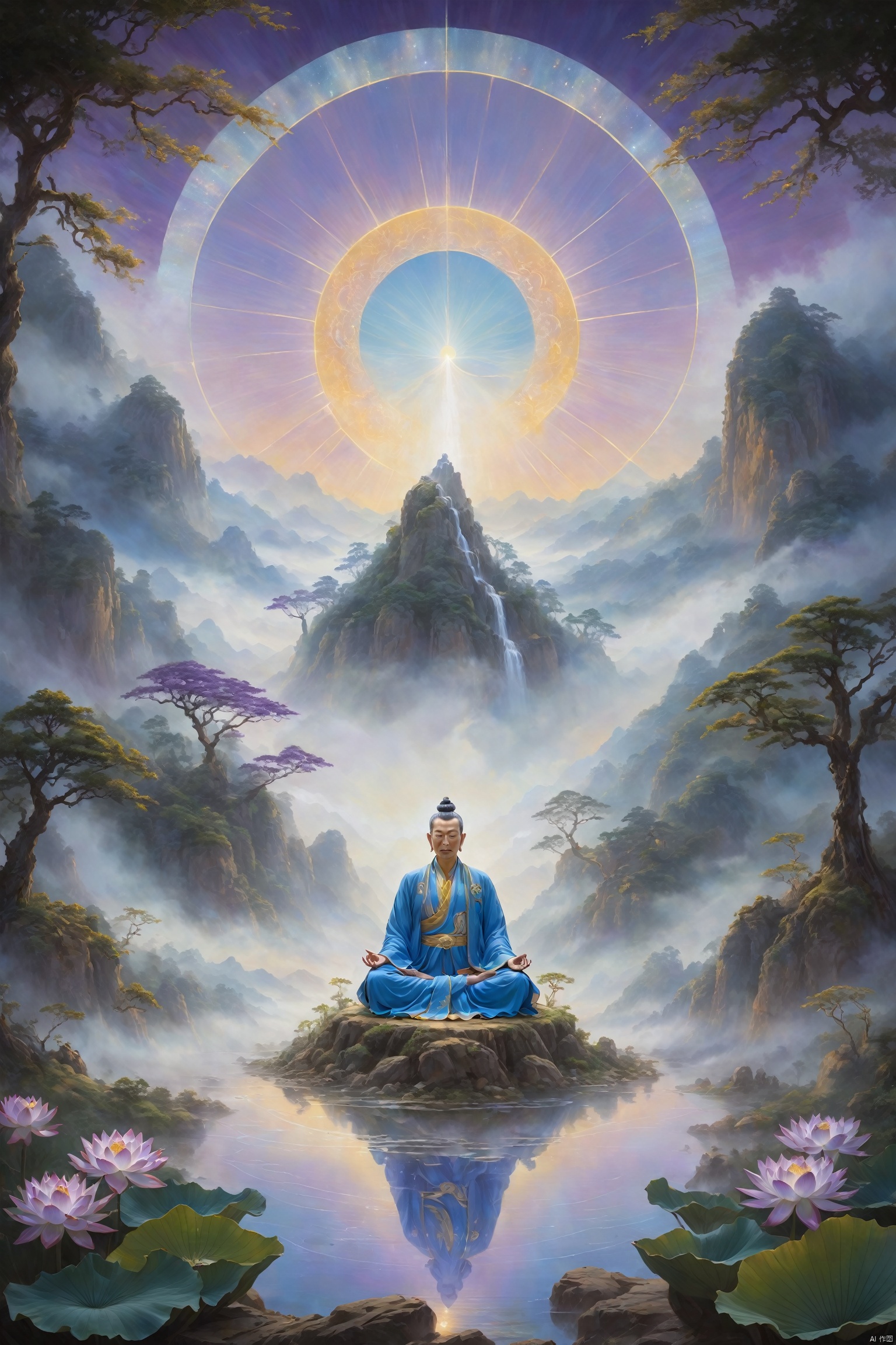  A cultivator in Daoist robes meditates in a valley, with three halos above, interwoven with golden, blue, and purple lights, radiating energy that symbolizes the union of essence, energy, and spirit. The backdrop is a misty landscape painting, with the halos' edges shimmering with a mystical glow, and lotus flowers and cranes adding to the transcendent atmosphere of cultivation.