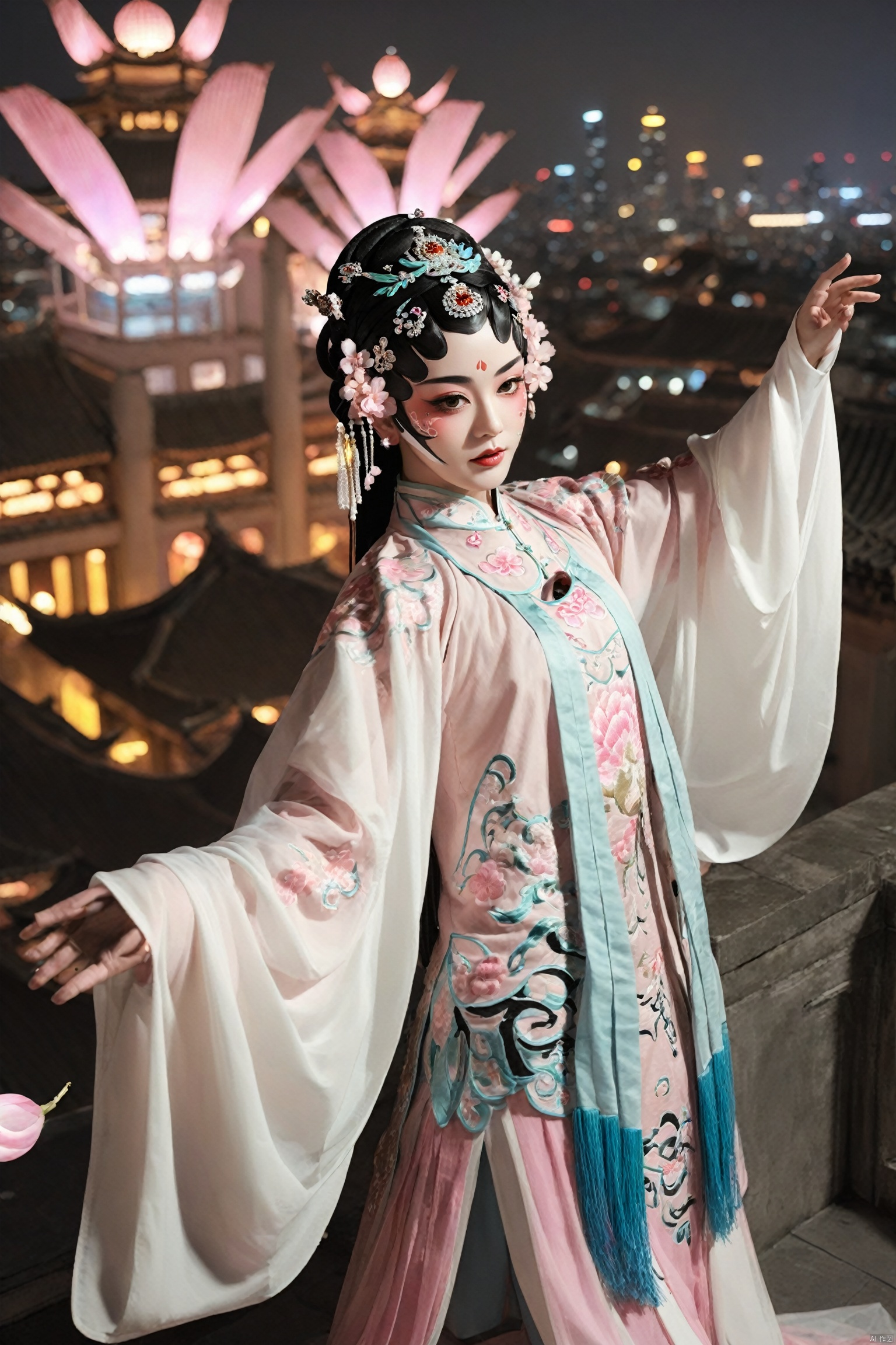 Surrealism, cyberpunk style, a young girl (dressed in traditional Chinese opera costumes and makeup: 1.3), spinning gracefully on the rooftop of a high-rise building (dancing with extremely long white sleeves: 1.4), pink petals fluttering down one after another, stage lighting (in front of the grand city under the night, high angle perspective: 1.4), the fusion of technology and traditional culture, stunning, cinematic,