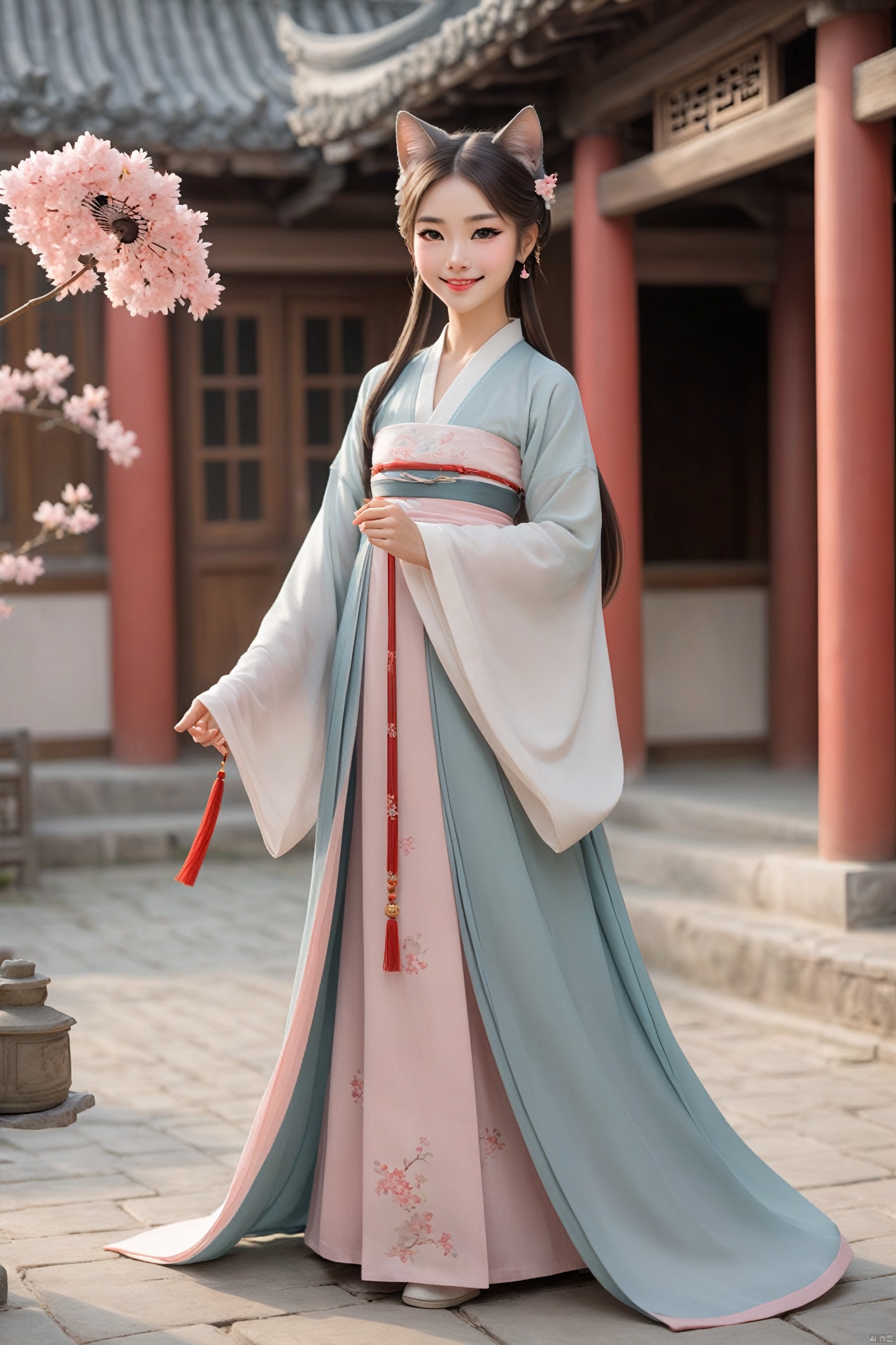 A catgirl in Hanfu stands in an antique courtyard, her cat ears and tail complementing the elegance of the traditional attire. She holds a folding fan in her hand, a sweet smile on her face, as if awaiting a spring rendezvous. The skirt of the Hanfu sways gently with the breeze, harmoniously blending with her catgirl traits., hanfu