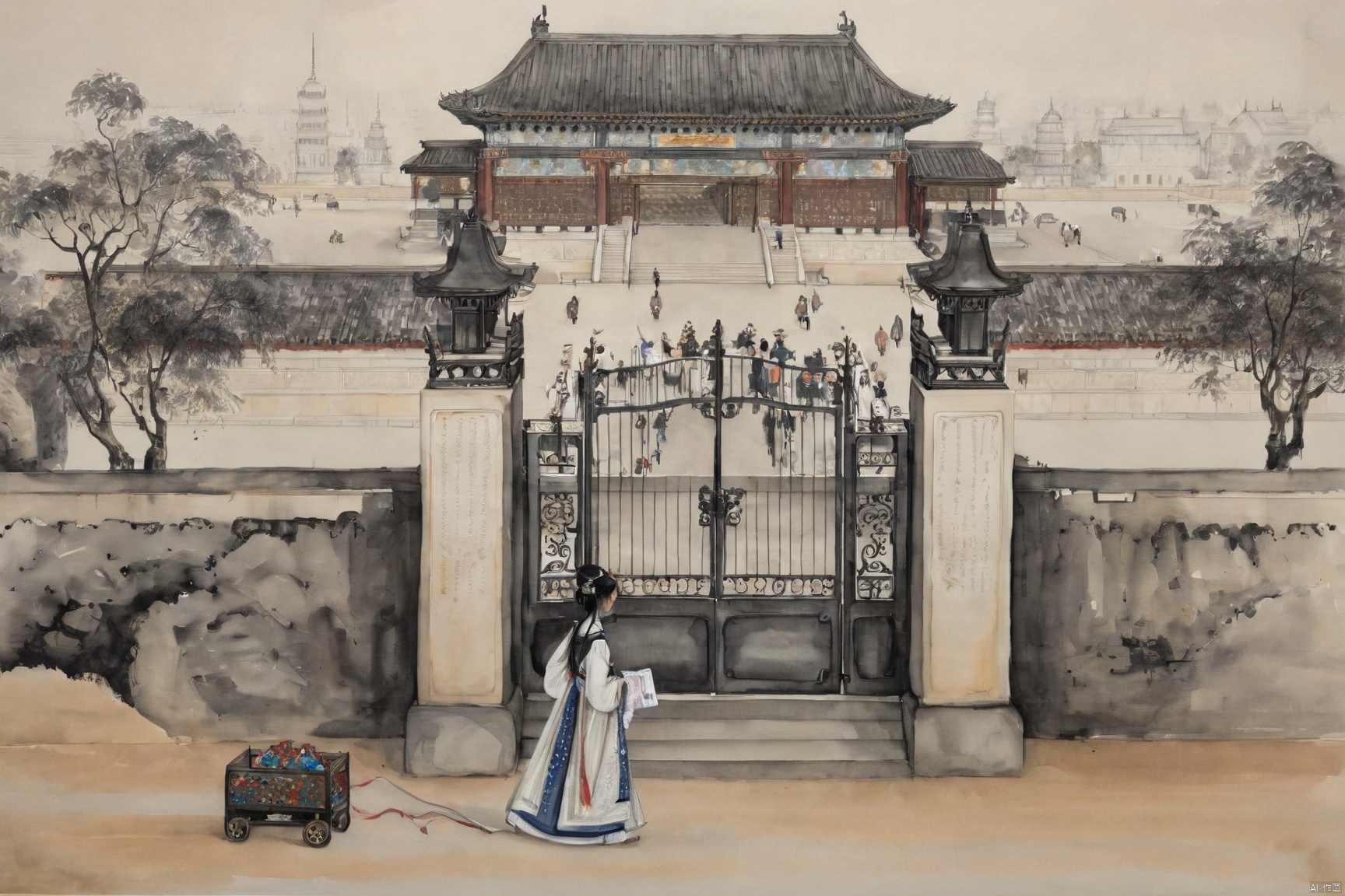 traditional chinese inkpainting,blackandwhiteinkpainting,A young woman, dressed in resplendent court attire, slowly approaches the grand palace gates. Her skirt gently sways with each step, each movement exuding a sense of solemnity and grace. The palace gates tower into the sky, their golden doors gleaming with a dazzling radiance under the sunlight. The wide stone steps leading up to the gates are solemn and majestic, flanked by exquisitely carved stone lions, as if guarding the symbol of power. Her eyes sparkle with anticipation and reverence, as if she is about to step into a world filled with legends and glory., traditional chinese ink painting,black and white ink painting,willow branches