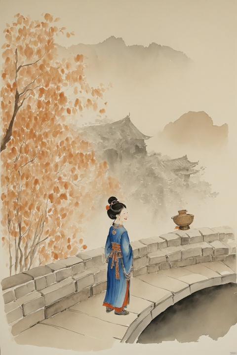  A traditional Chinese watercolor painting depicting an ancient scene. Extremely content happy smile, A yong woman in Nanjing, in autumn at morning,miaoyuansu