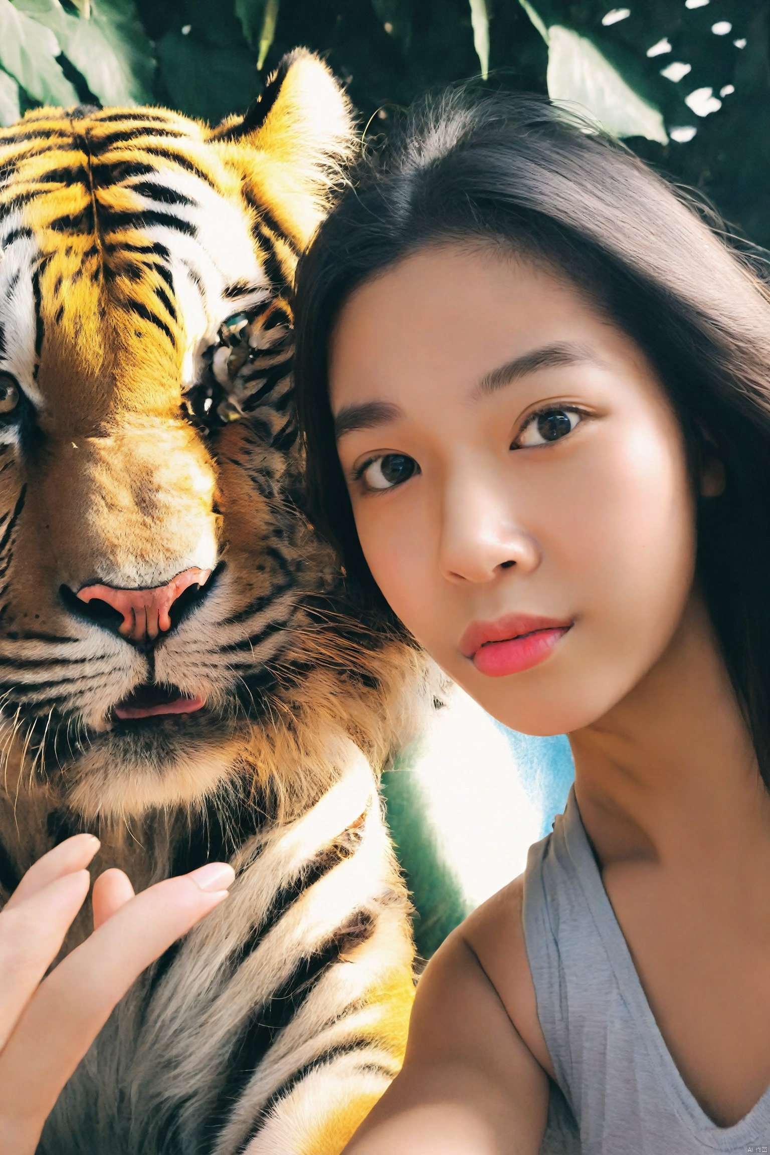 In a selfie perspective, a girl is closely pressed against a majestic tiger, her hand holding a phone, ready to capture this incredible moment. Her expression is a mix of excitement and slight nervousness, her eyes tightly fixed on the camera lens, her black pupils appearing particularly bright under the glow of the phone screen. Behind her, the tiger's fur presents golden and black stripes in the faint sunlight, its gaze calm and profound, contrasting sharply with the girl's tension. The surrounding environment is a jungle, with sunlight filtering through the gaps in the leaves, casting mottled light on them, adding a sense of mystery and wild beauty to the scene. The phone's flash is ready to provide additional lighting, making the entire selfie full of vivid details and contrasting light and shadow.