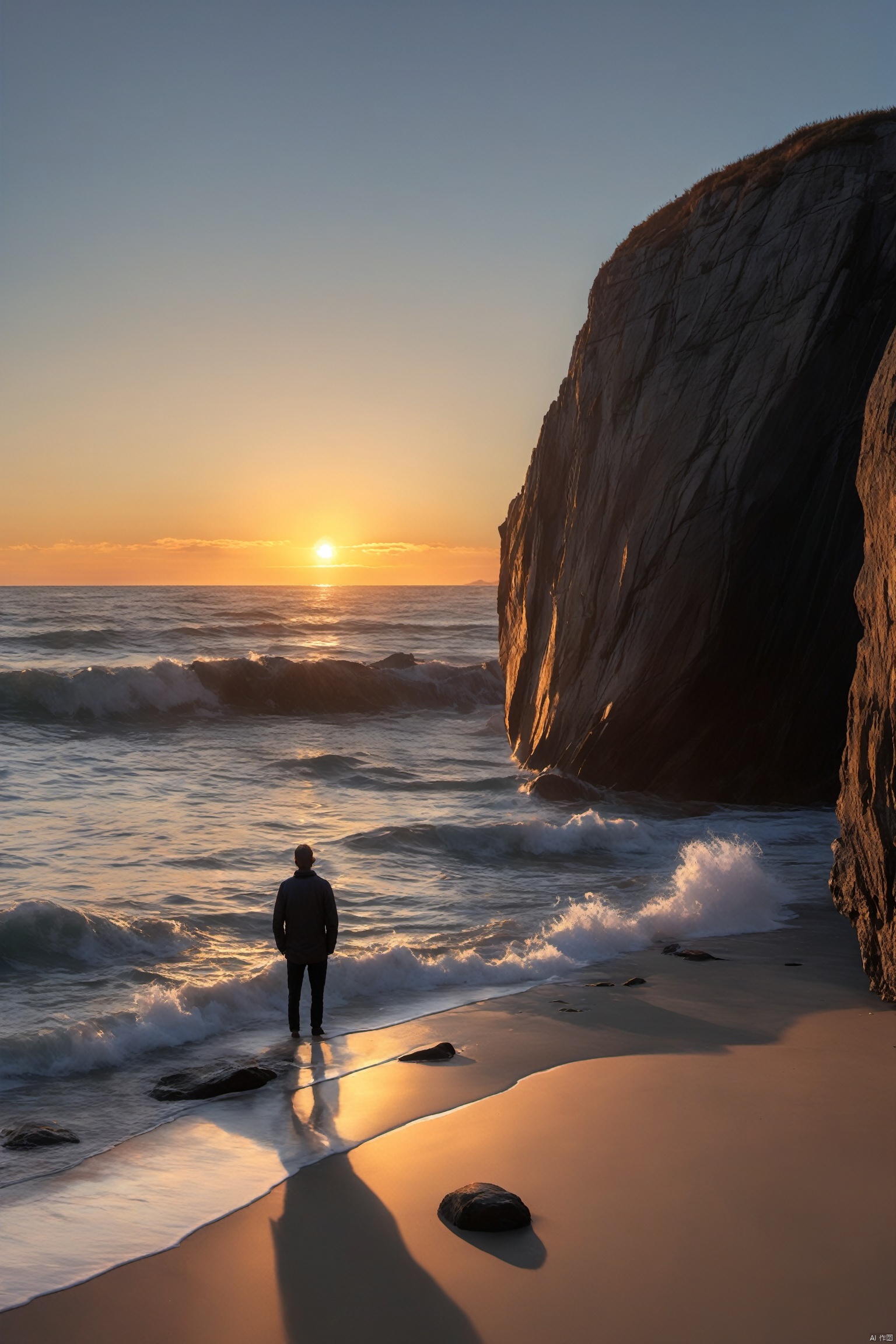 A lone traveler stands on a rocky shore, watching the sun dip below the horizon. The light from the setting sun casts a long shadow, and the waves crash against the rocks, creating a rhythmic symphony of nature.