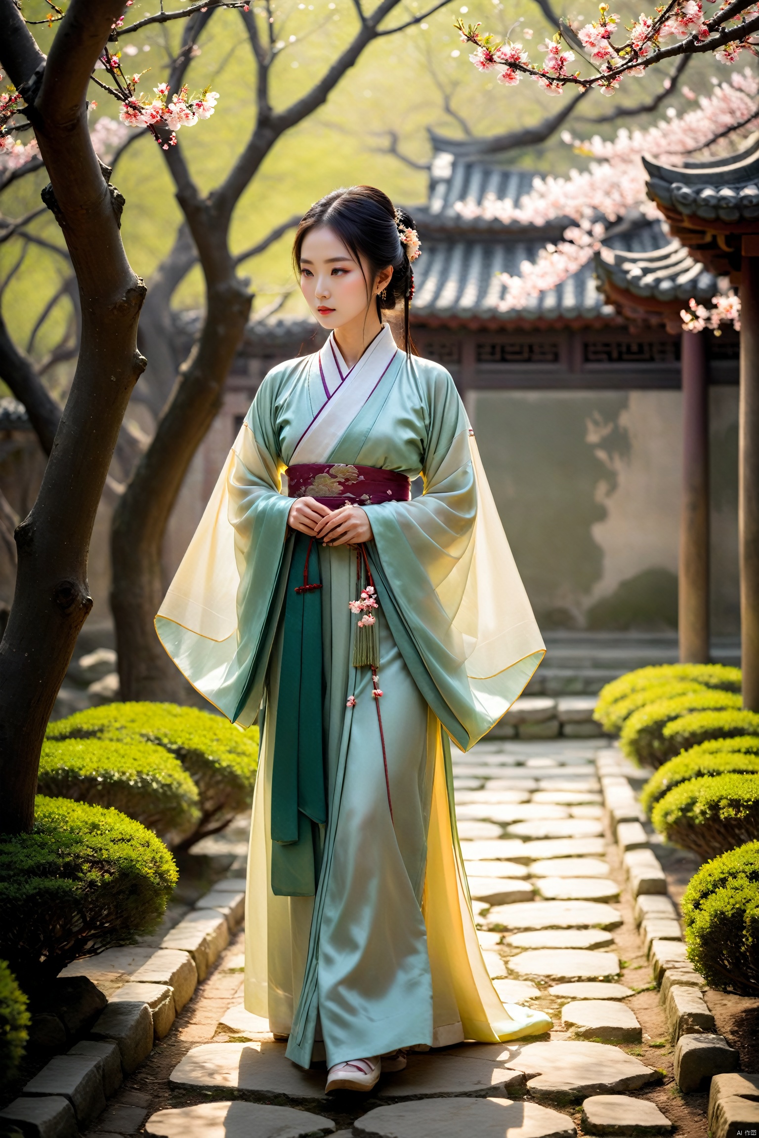 The young woman, dressed in a subtle Wei and Jin dynasty Hanfu, walks through an ancient garden. Sunlight filters through the branches of ancient trees, casting dappled shadows on the stone path. Her eyes hold a contemplative gaze towards history, as she gently touches a blooming plum blossom, as if conversing with the ancients.