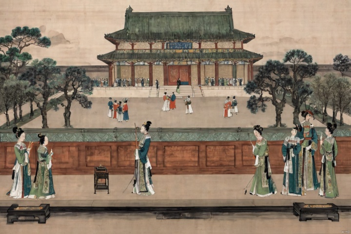 traditional chinese inkpainting,blackandwhiteinkpainting,the imperial palace, a hall of power, exudes its grandeur not only through its monumental architecture but also in the demeanor and atmosphere of the people within. The palace maids, dressed in splendid attire, glide gracefully along the corridors paved with green stone, their movements elegant and cautious, as if each step resonates with the heartbeat of history. The court officials, clad in their ceremonial robes, faces solemn, move through the towering palace walls and the resplendent halls, each bow a solemn act of reverence. The emperor, the sovereign of the nation, sits on his throne, his majesty as imposing as the palace itself, commanding respect and awe. Here, every breath is filled with ceremony, every glance exchanged brimming with veneration., traditional chinese ink painting