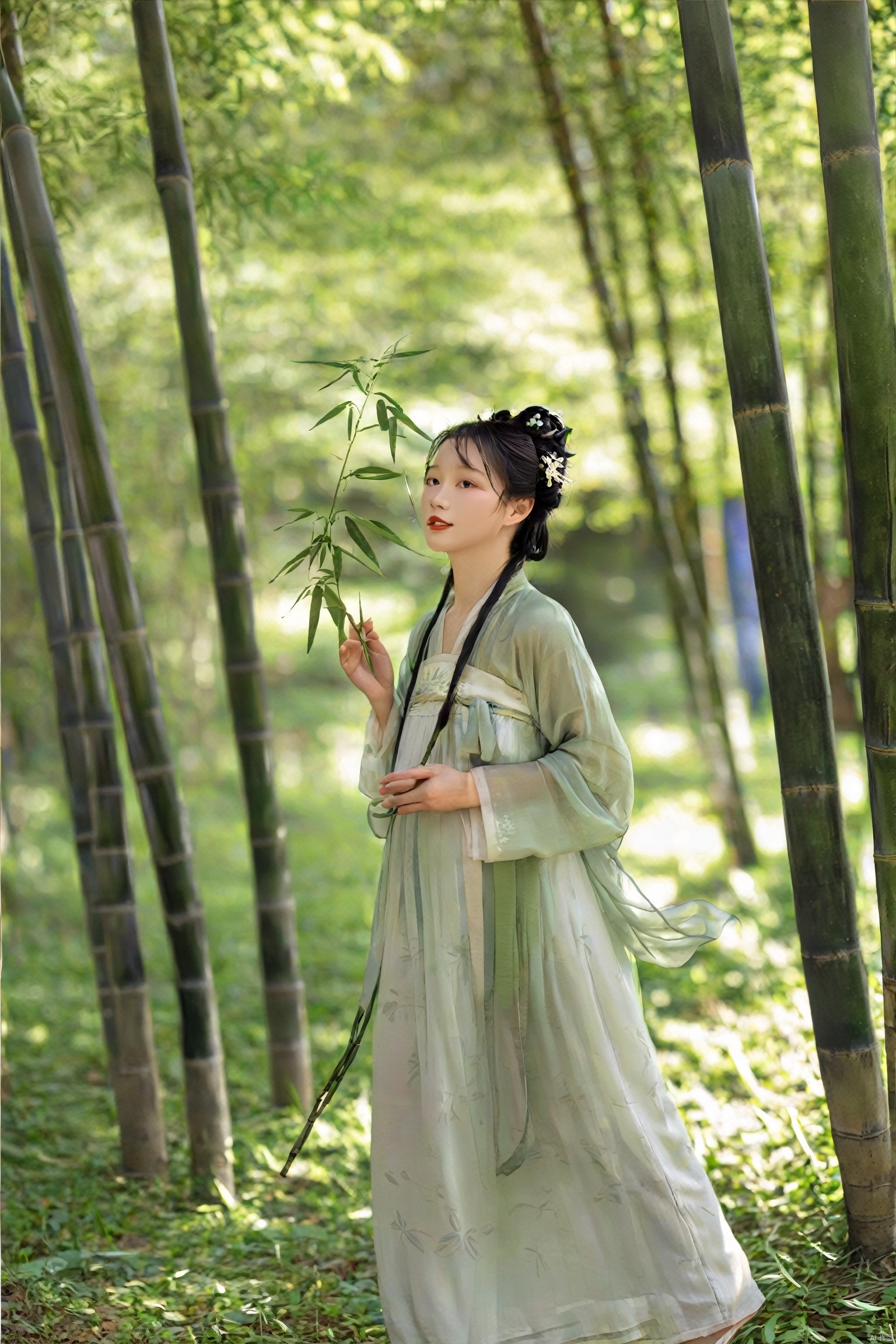 hanfu,A young Chinese woman walks through a bamboo forest, the sunlight filtering through the slender stalks, casting dappled shadows on the ground. The forest is alive with the sound of rustling leaves and the occasional chirp of a bird. She moves with a sense of calm, her presence blending harmoniously with the natural surroundings. The scene is a peaceful exploration, a moment of connection with the natural world., hanfu