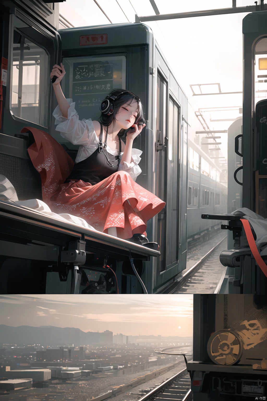  A Chinese girl leans against the door of a train, her eyes closed as she listens to music through her headphones. The train is passing through a city at night, and the city lights flicker in the window behind her. Her face is serene, a contrast to the bustling world outside. The scene captures a moment of personal tranquility amidst the urban chaos.