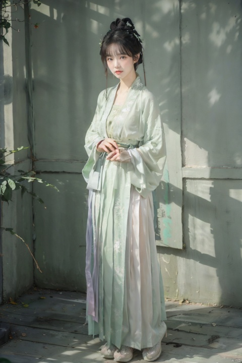  A young woman around twenty years old, dressed in Song-style Hanfu, wears a fresh green short shan that exudes a sense of purity. The red songmo complements her green and white gradient pleated skirt, blending the classical with the contemporary. Standing in an antique courtyard, sunlight filters through the leaves, casting dappled shadows on her, adding a serene and elegant aura. She holds a folding fan in her hand, the landscape painting on its surface harmonizing with her surroundings, as if she is a living classical painting., hanfu,song style outfits, 1girl,汉服