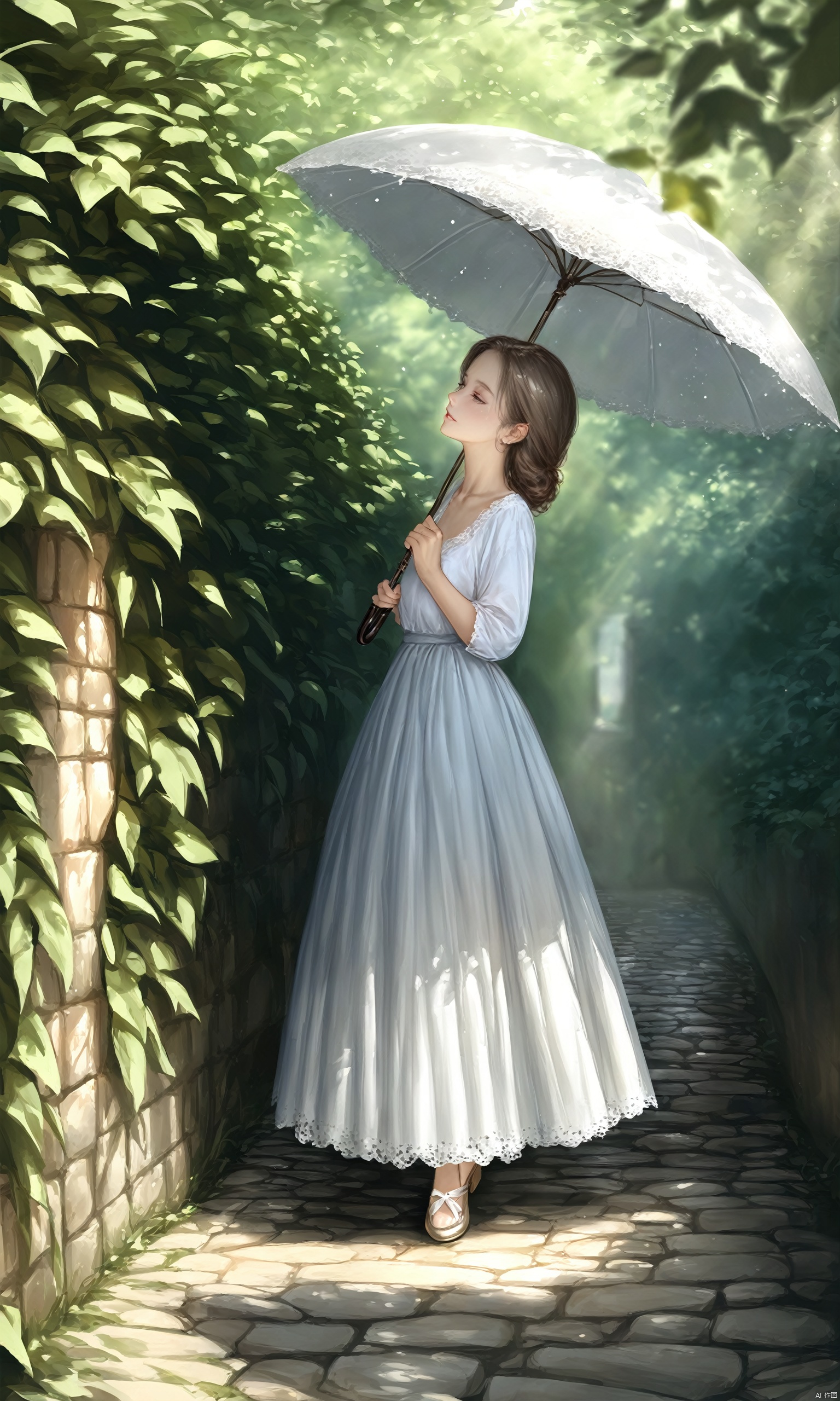  (masterpiece),(bestquality),[realistic,octanerender,3DCG],In a cobblestone alley, a woman dressed in a vintage-style long dress holds an antique parasol. Her steps are light, as if she has traveled through time to an era full of poetry. Sunlight filters through the gaps in the leaves, casting dappled shadows on her face, adding a touch of classical beauty to her profile.