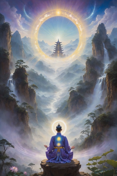 A cultivator in Daoist robes meditates in a valley, with three halos above, interwoven with golden, blue, and purple lights, radiating energy that symbolizes the union of essence, energy, and spirit. The backdrop is a misty landscape painting, with the halos' edges shimmering with a mystical glow, and lotus flowers and cranes adding to the transcendent atmosphere of cultivation.